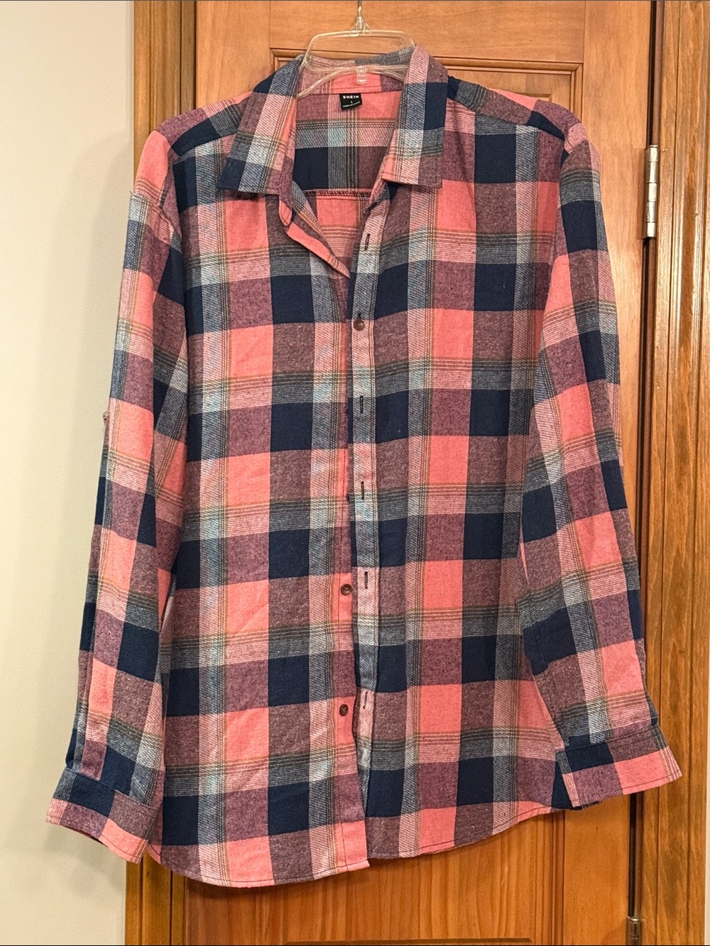 Men’s SHEIN Pink and Navy Plaid Button-Down Shirt